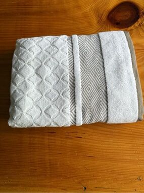Cotton Bath Towel - White and Taupe Accent Made in Turkiye